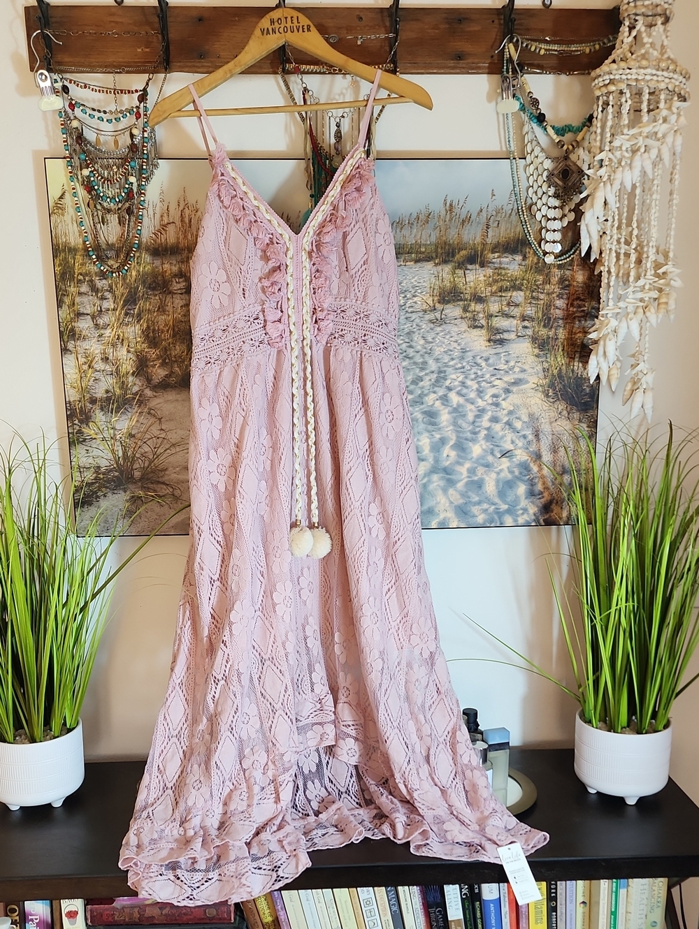Cupshe Blush Pink Lace Maxi Dress with Pom Tie